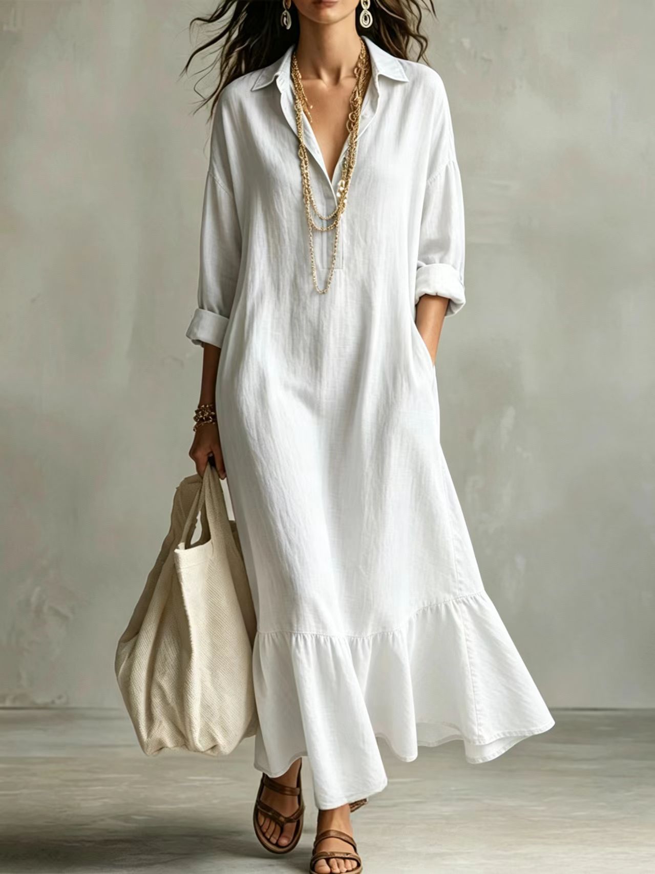 Turn-down Collar Fishtail Casual Loose-fit Figure-flattering Shirt Dress