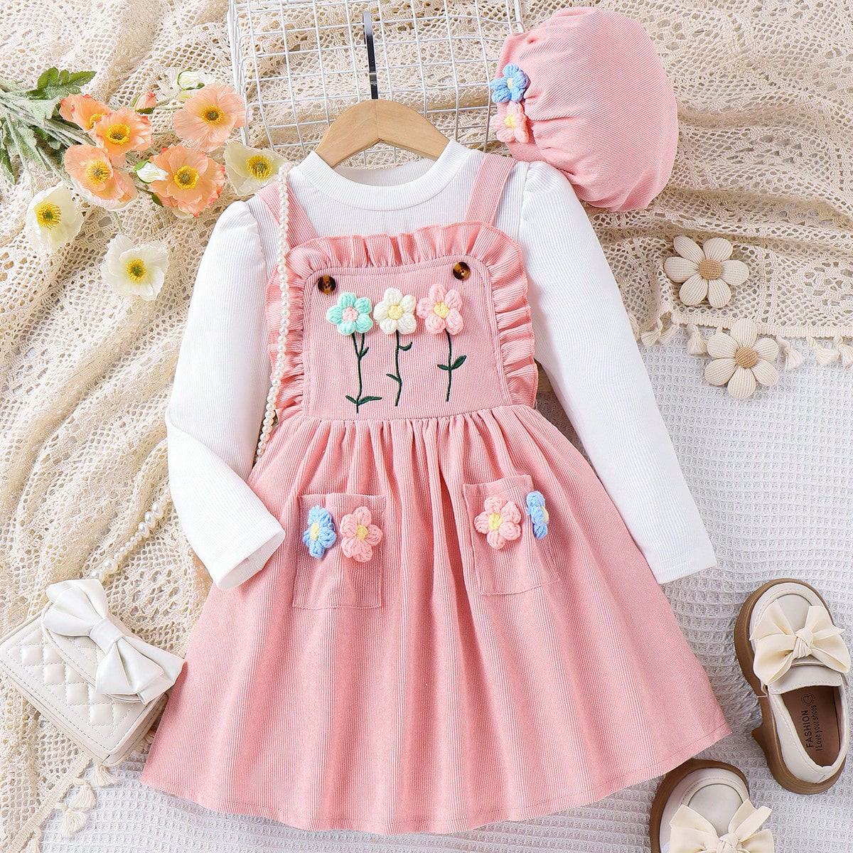 Round-neck Striped Top With A Floral-embroidered Suspender Dress