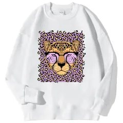 Womens Casual Loose Fleece-Backed Sweatshirt With Leopard Print - White - View 1