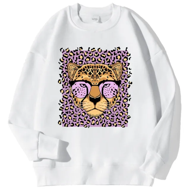 Womens Casual Loose Fleece Backed Sweatshirt With Leopard Print White - Shop at LoveMi