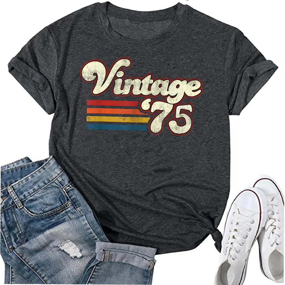 Women's Top 1975 Printed Colored Cotton T-shirt - Gray