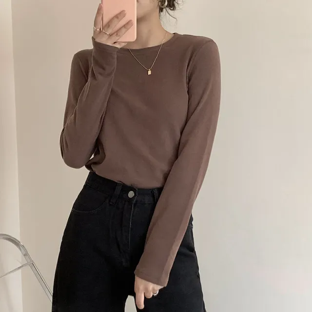 Double sided Dralon Bottoming Shirt Women's Underwear Crew Neck Long sleeved T shirt Coffee - Shop at LoveMi