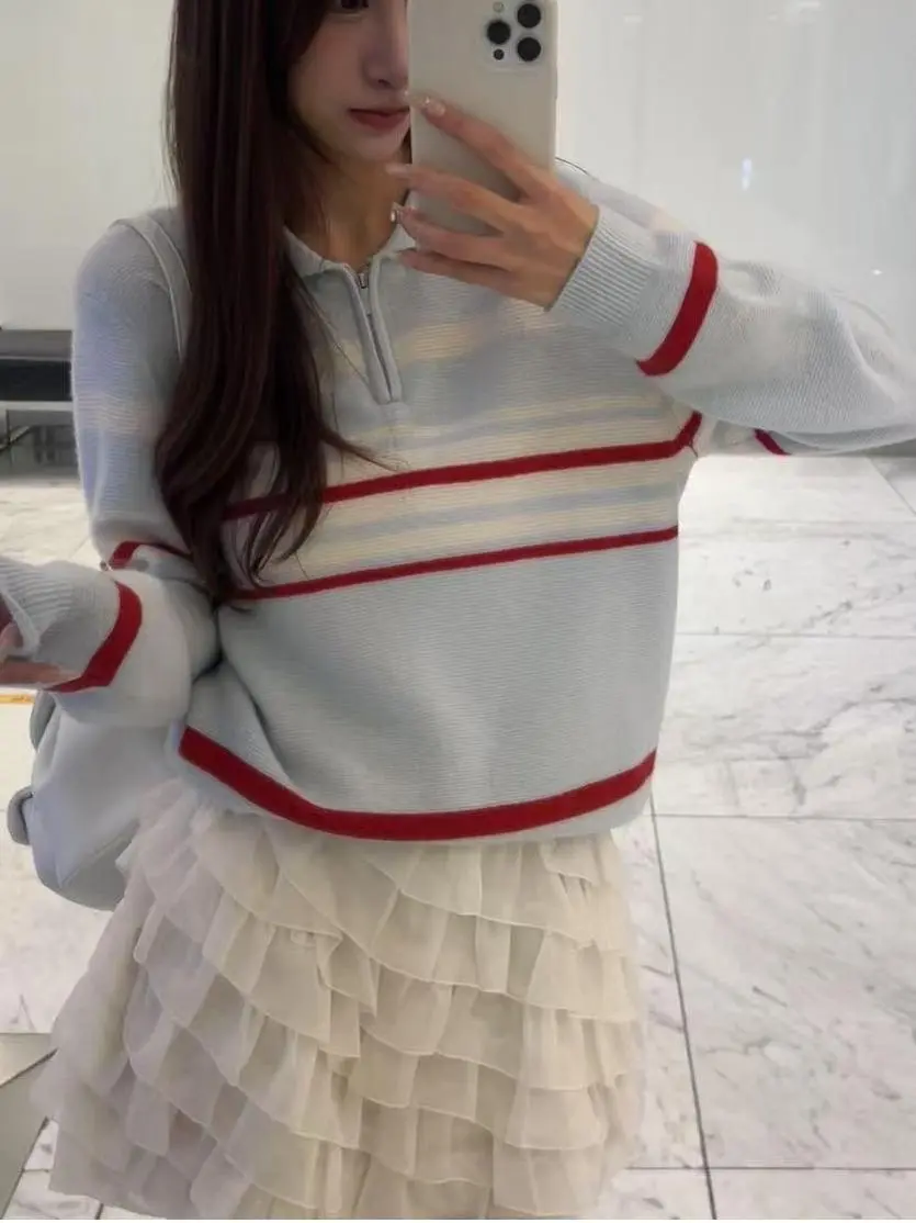 Striped Contrast Colour Knitwear Women's Loose Polo Collar Pullover Sweater - Light Blue