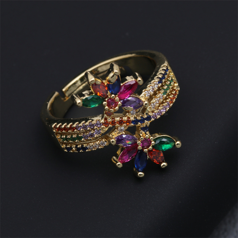 Micro Inlaid Zircon Flower-shaped Women's Open Adjustable Copper Ring