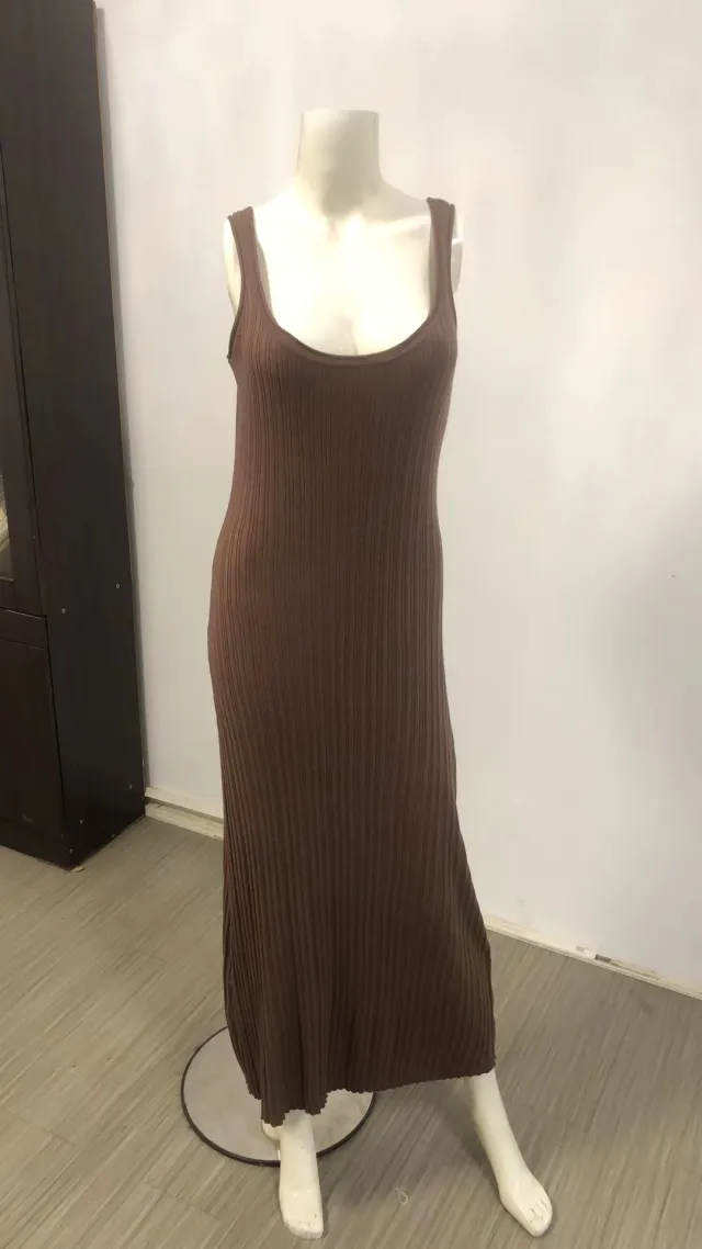 Knitted Sunken Stripe Long Dress Summer Women Coffee - Shop at LoveMi