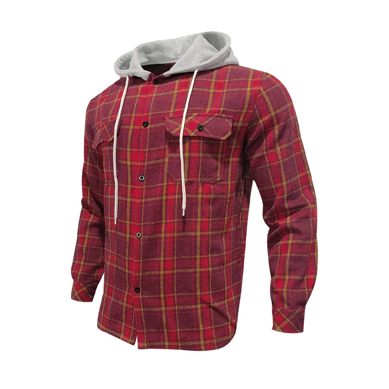 Men Flap Pocket Drawstring Hooded Plaid Shirt