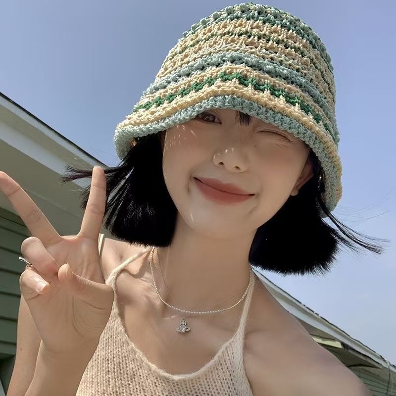Hollowed-out Breathable Bucket Hat With Colorful Stripes For Women Summer Style