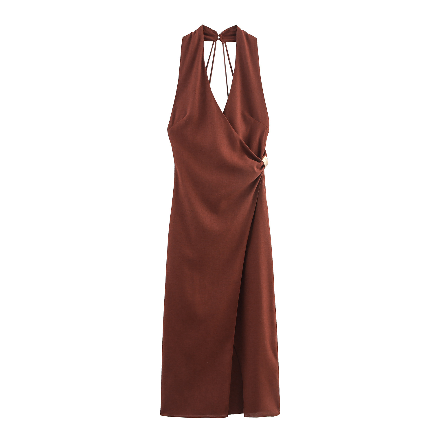 Summer Linen Blended Gold Inlaid Halter Dress - Shop at LoveMi