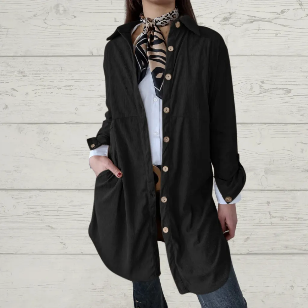 Women's Shirt Lapel Pocket Corduroy Jacket - Black
