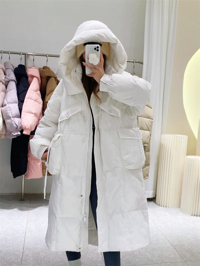 Korean Style Winter Clothes Hooded Women's Over-the-knee Quilt Down Jacket - Beige