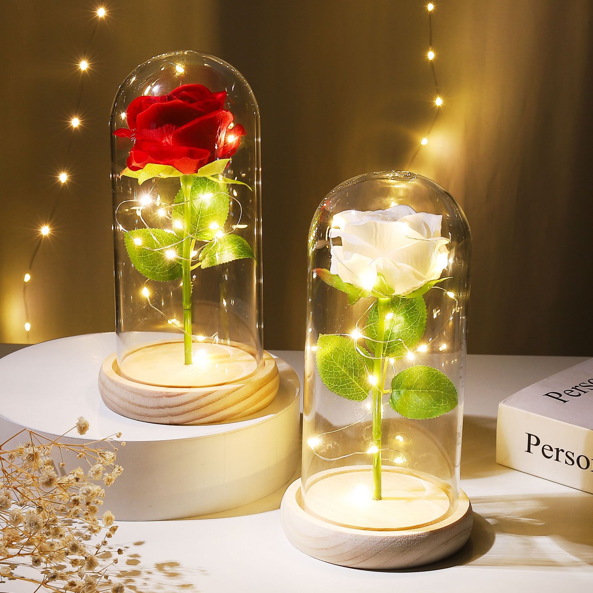 Preserved Flower Glass Dome Artificial Rose Night Light For Christmas