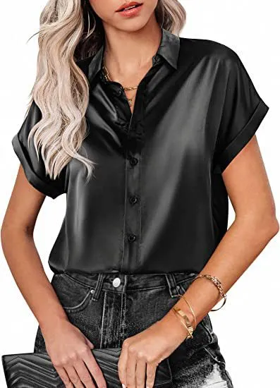 Multicolor Silk Short Sleeve Satin Button Shirt Casual Loose Top Black - Shop at LoveMi