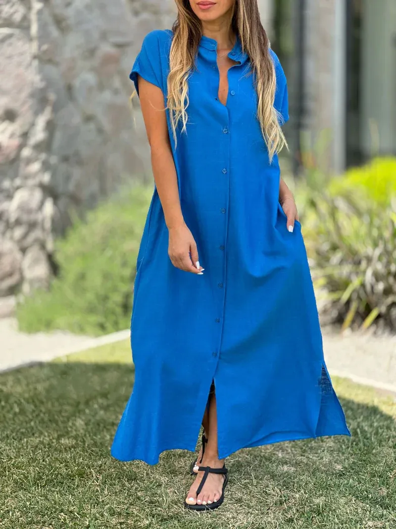 Cotton And Linen Casual Short-sleeved Cardigan Dress - Blue