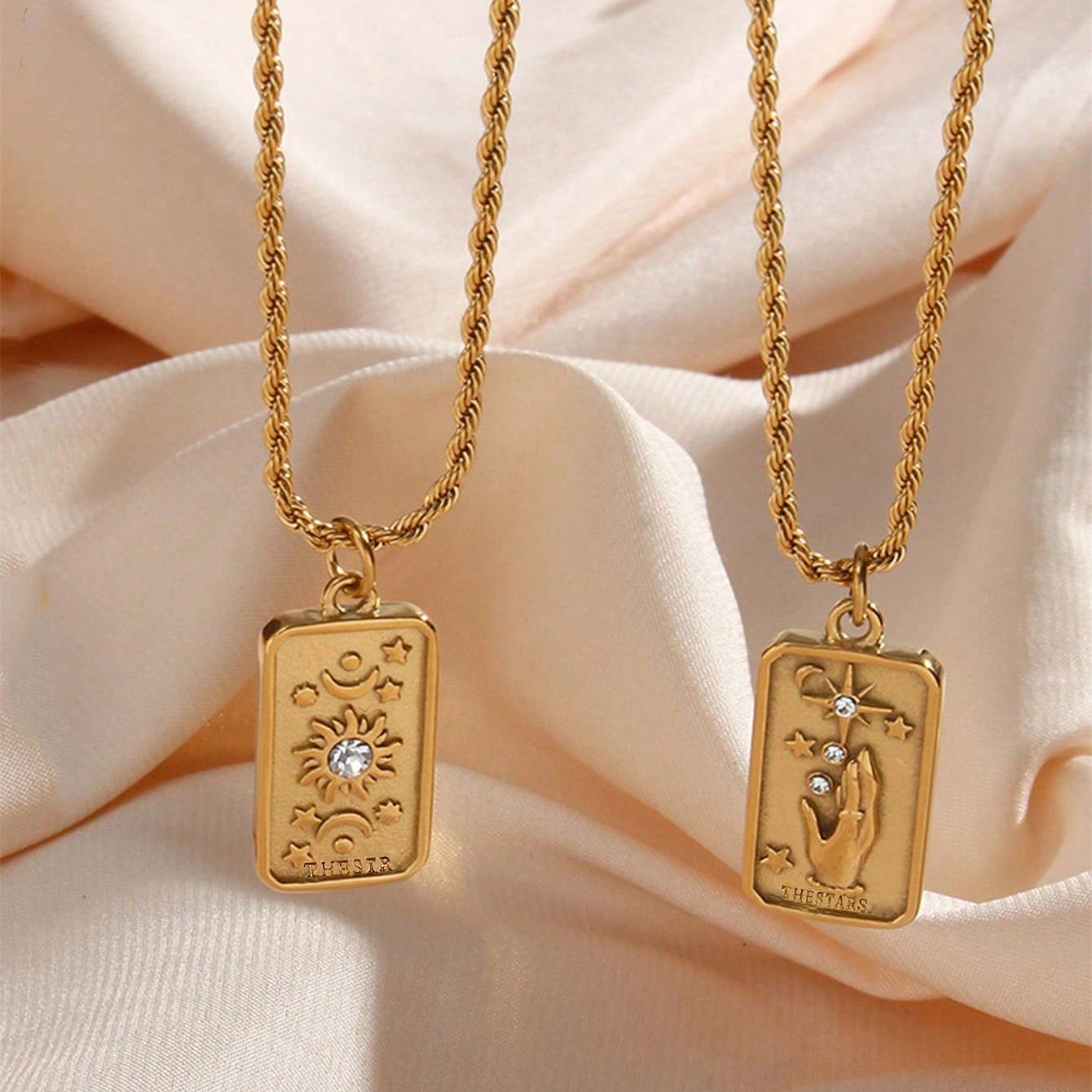 Rectangular Three-dimensional Relief Diamond Star And Moon Necklace