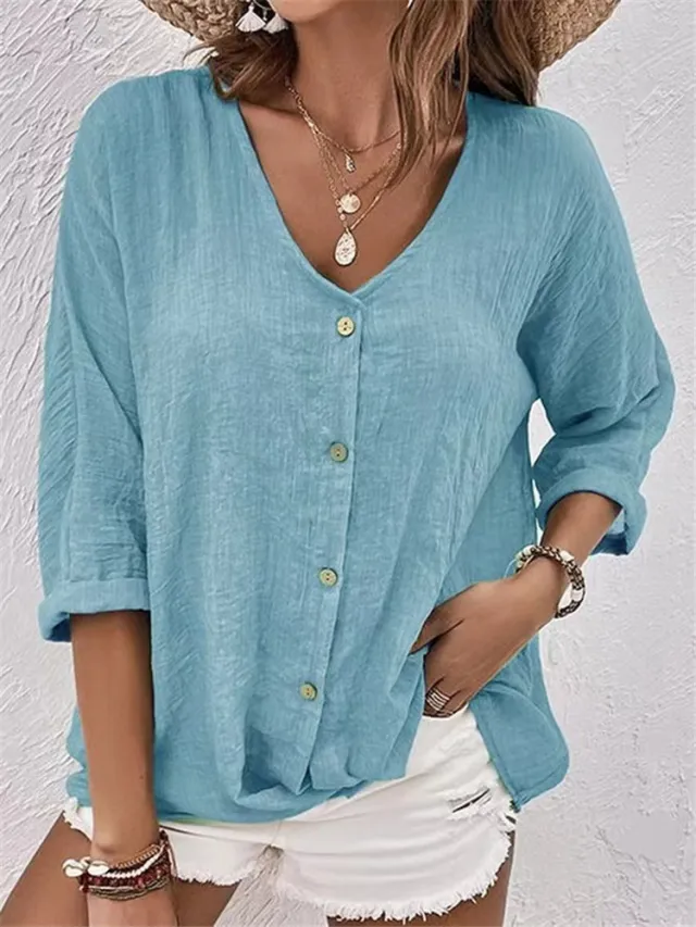 V neck Long sleeved T shirt Fashion Solid Color Button Top Casual Loose Clothing For Women Blue - Shop at LoveMi