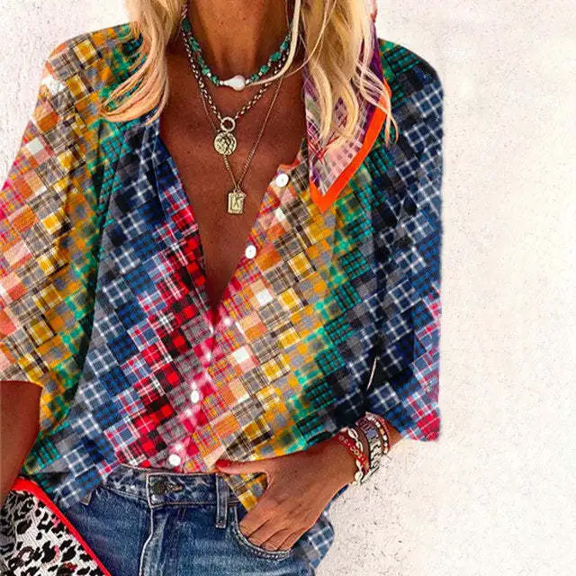 Bohemian Retro Geometric Print Colorful Spring And Autumn Women's Stand Collar Loose Shirt - Style456