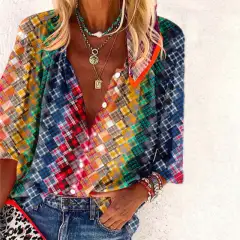 Bohemian Retro Geometric Print Colorful Spring And Autumn Women's Stand Collar Loose Shirt - Style456 - View 1