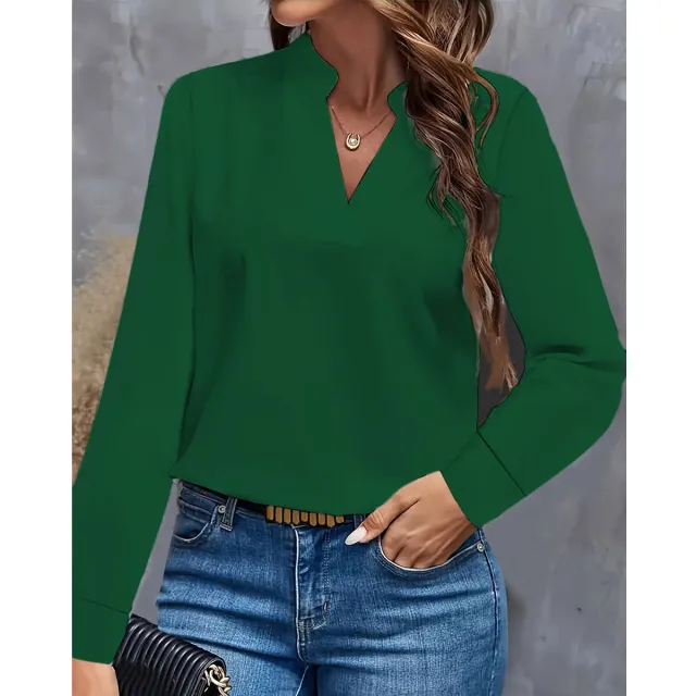 Simple Casual Solid Color And V neck Loose Shirt Women's Top Dark Green - Shop at LoveMi