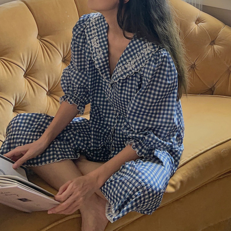 French Girl Fashionable Blue Plaid Homewear Suit