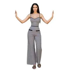 Elegant Slim-fit Womens Jumpsuit With A Side Zipper And Contrasting Colour Details - White - View 1