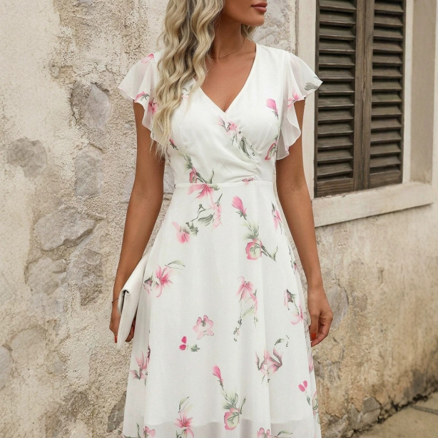 Fashionable Floral-print Chiffon Dress For Women