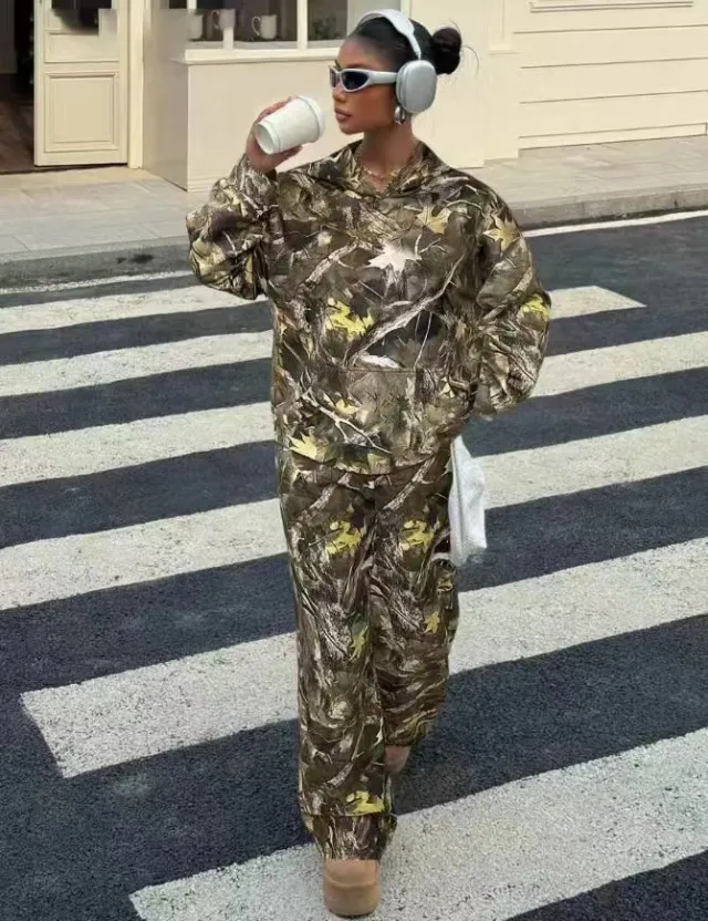 Street Fashion Camouflage Loose Casual Top With Straight leg Pants Dark Camouflage 5Xl - Shop at LoveMi