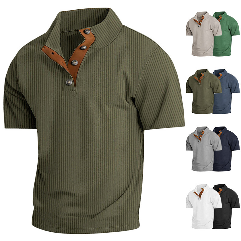 Loose-Fit Men’s Stand Collar Short-Sleeve Corduroy Shirt Loose-Fit Men’s Stand Collar Short-Sleeve Corduroy Shirt