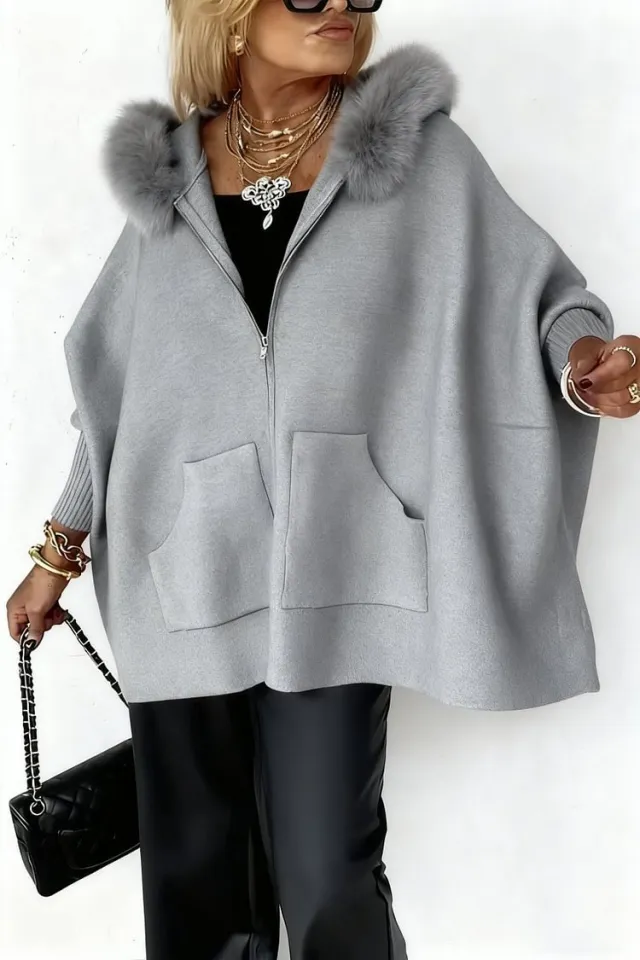 Ins Plush Hooded Cardigan Fashion Warm Pockets Zip up Knitted Jacket Casual Outerwear Batwing Sleeve Sweater Women's Clothing Gray - Shop at LoveMi
