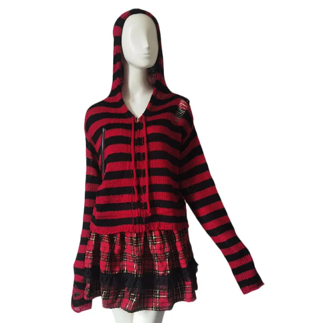 Women's Zipper Striped Top Sweater Coat Red - Shop at LoveMi