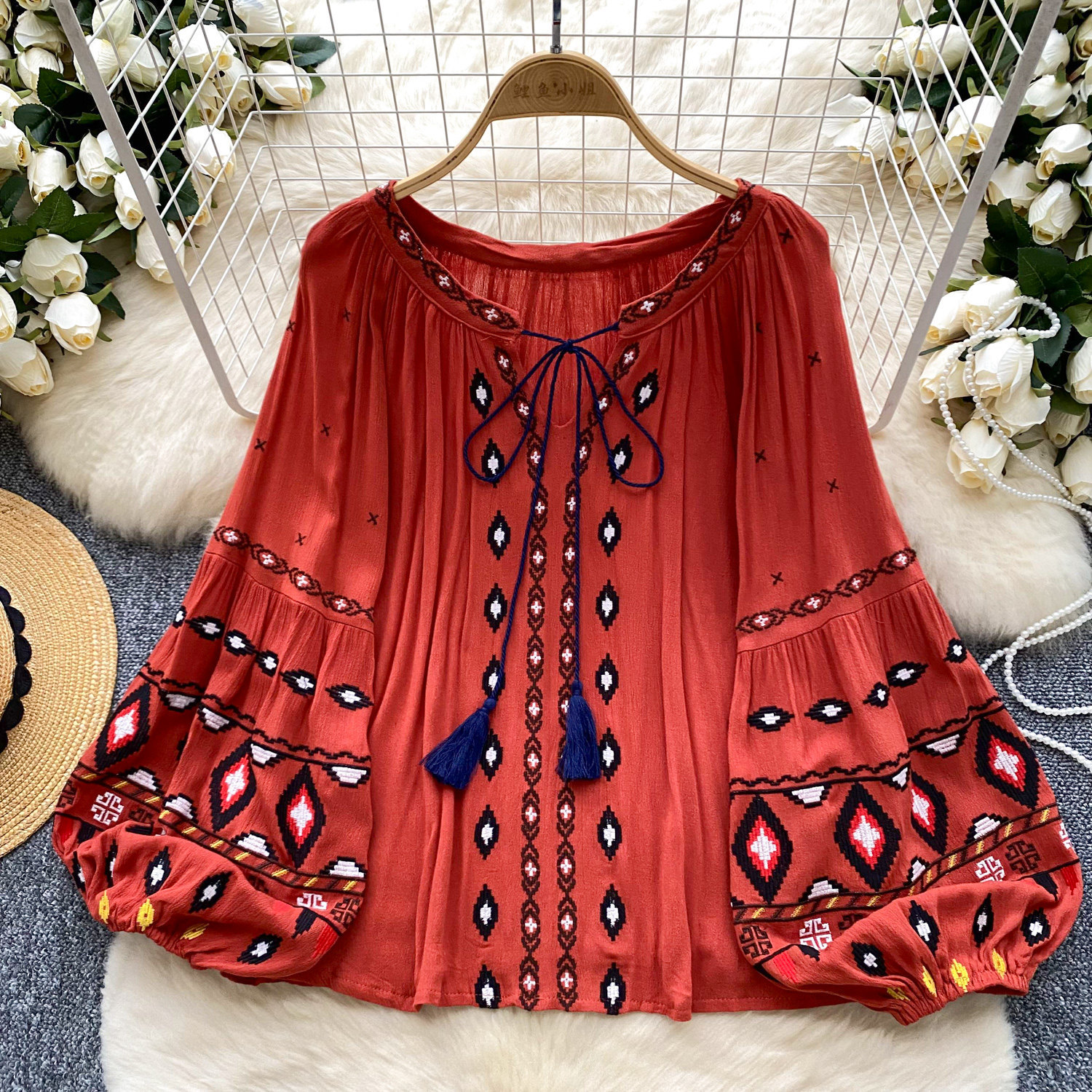 Retro Ethnic-Style Heavy Embroidery Shirt Womens Top — image 1