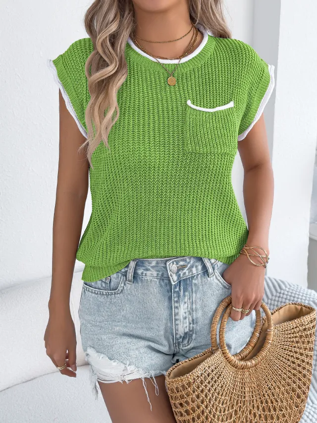 Color block Pocket Bat sleeve Casual Loose Knit Top Green - Shop at LoveMi