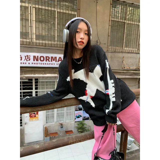 Aircraft Pattern Thickened Sweater Women's Autumn And Winter New Loose Knitted Top Black - Shop at LoveMi