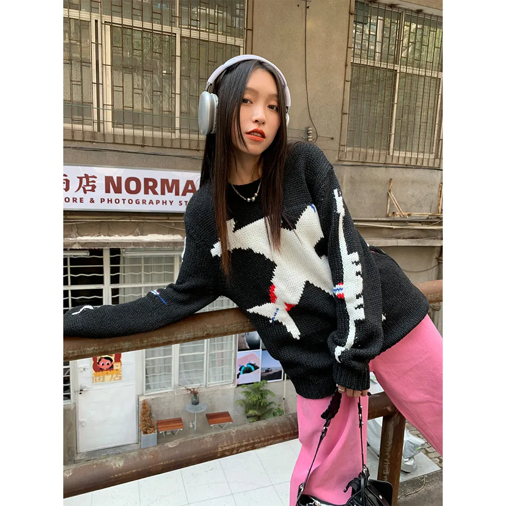 Aircraft Pattern Thickened Sweater Women's Autumn And Winter New Loose Knitted Top - Black