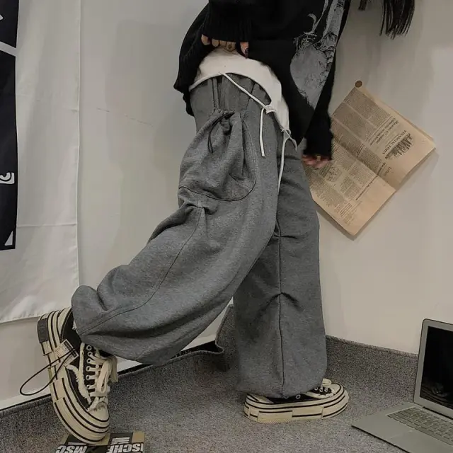 Retro Solid Color Overalls Large Loose Pockets Ankle tied Sweatpants Gray - Shop at LoveMi