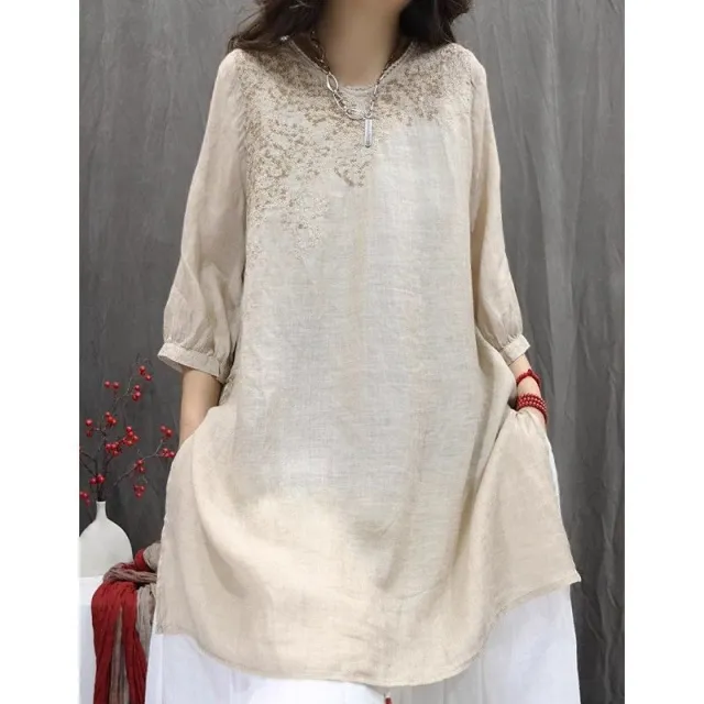Vintage Embroidered Loose Slim fit Bohemian Casual Mid length Top Apricot - Shop at LoveMi