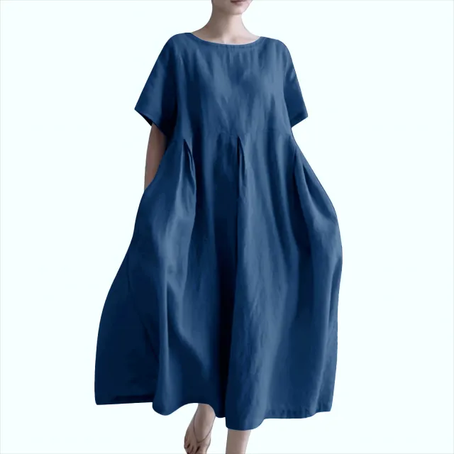 Women's Cotton And Linen Loose Round Neck Short Sleeve Dark Blue - Shop at LoveMi