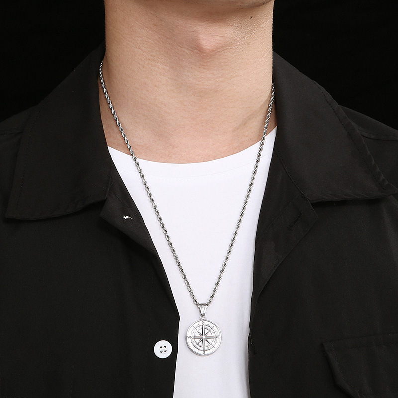 Stainless Steel Round Plate Compass Pendant DIY Titanium Steel Necklace