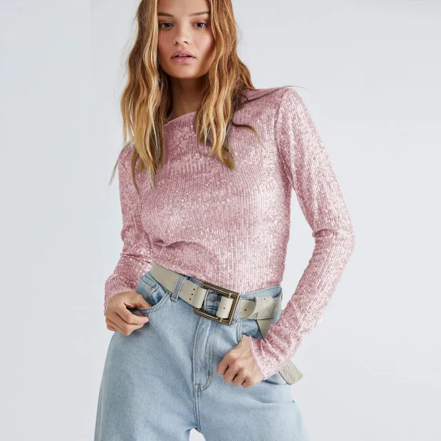 Women's Fashionable Sequins Solid Color Long Sleeve Slim fit Top Pink - Shop at LoveMi
