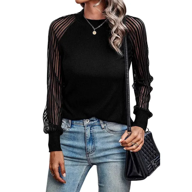 Autumn And Winter New Women's Thread Sweater T shirt Gauzy Stitching Tops Black - Shop at LoveMi