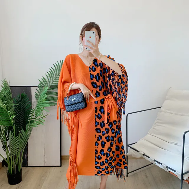 Autumn Women's Pleated Leopard Print Color matching Dress Orange - Shop at LoveMi