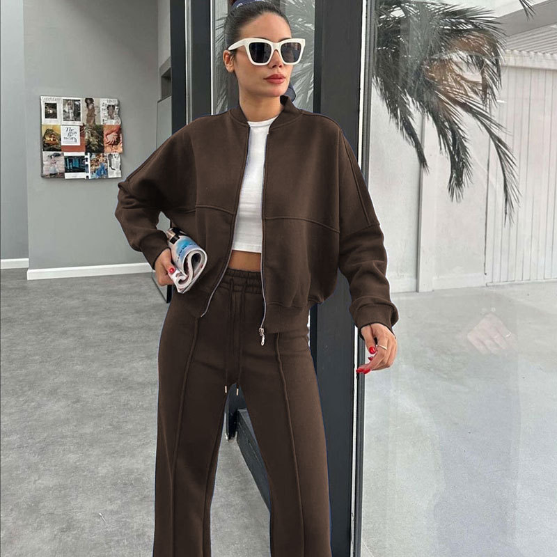 Fleece Zipper Cardigan Women's Clothes Fashion Casual Straight Pants Suit