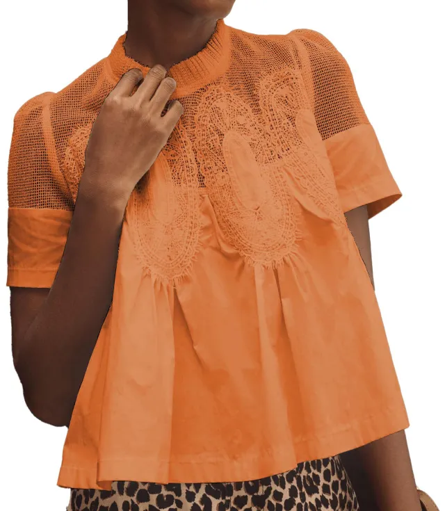 Women's Fashionable Lace trimmed Crew neck Embroidered Solid color Loose Top Orange Red - Shop at LoveMi