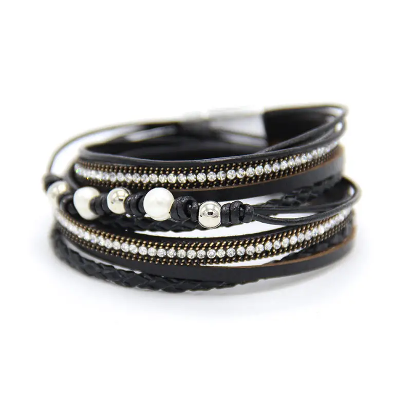 Fashion Magnetic Snap Cowhide Woven Pearl Bracelet