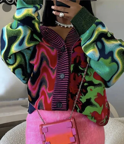 European And American Water Ripple Fashion Color Contrast Printed Cardigan Color - Shop at LoveMi