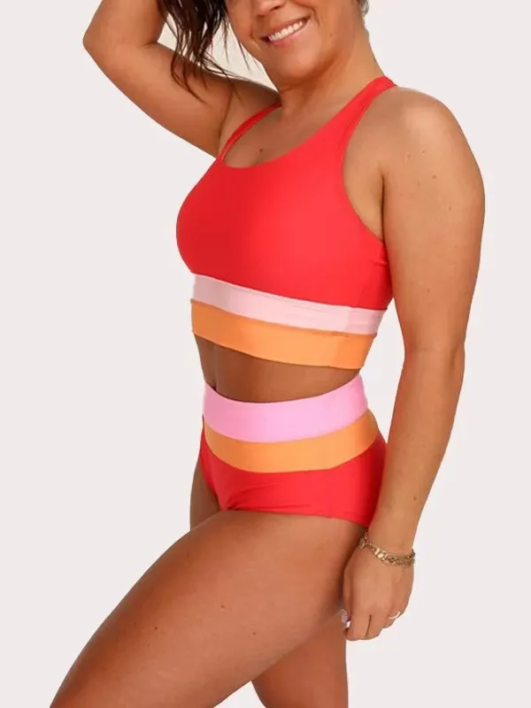 Plus Size Split Swimsuit Printed Zipper Bikini Swimsuit Orange - Shop at LoveMi