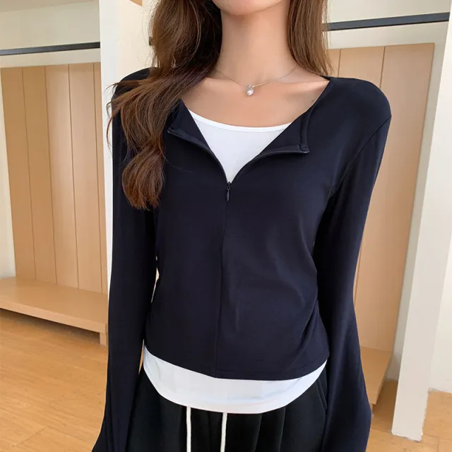 Women's Casual Pleated Bottoming Shirt Top Navy Blue - Shop at LoveMi