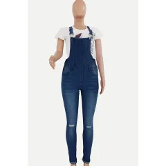 Womens Ripped Washed Denim Overalls - Blue - View 1