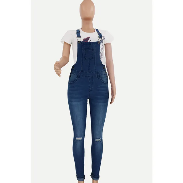 Womens Ripped Washed Denim Overalls Blue - Shop at LoveMi