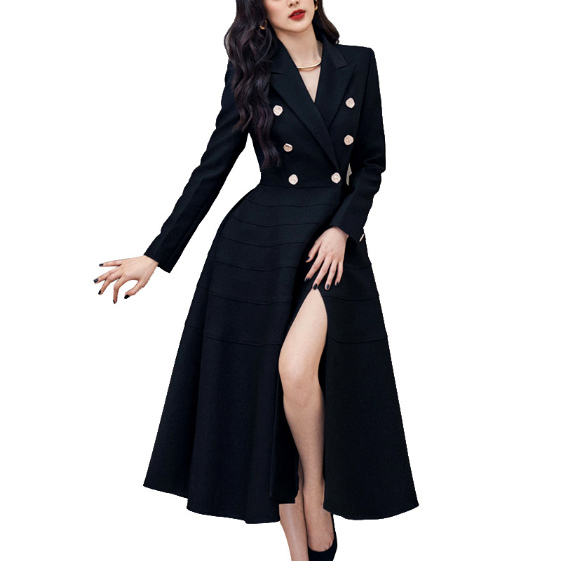 Women's Black Long Sleeve Rhinestone Buttons Split Waist Fitted Slimming Large Hem Dress