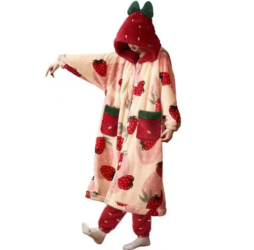 Coral Fleece Sweet Strawberry Thick Robe Suit